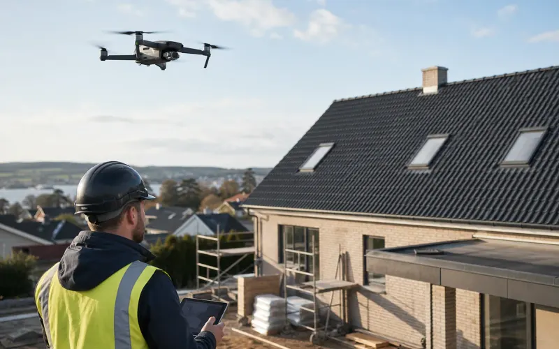 Droneinspektion over et tag ved en byggeopgave