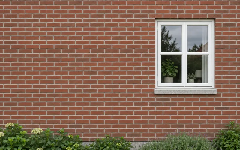 Færdig rødstensfacade med hvidt vindue og beplantning