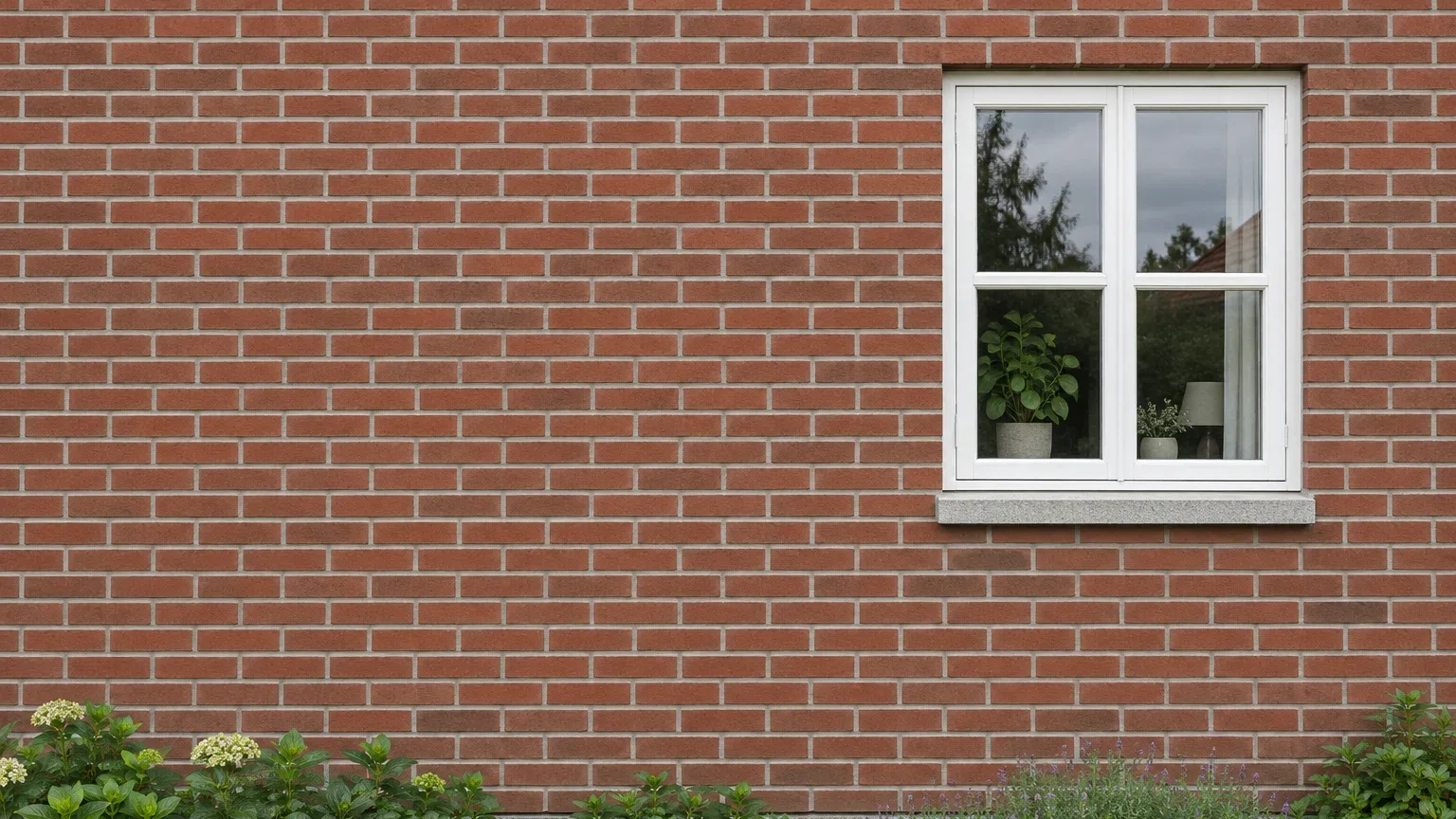 Færdig rødstensfacade med hvidt vindue og beplantning